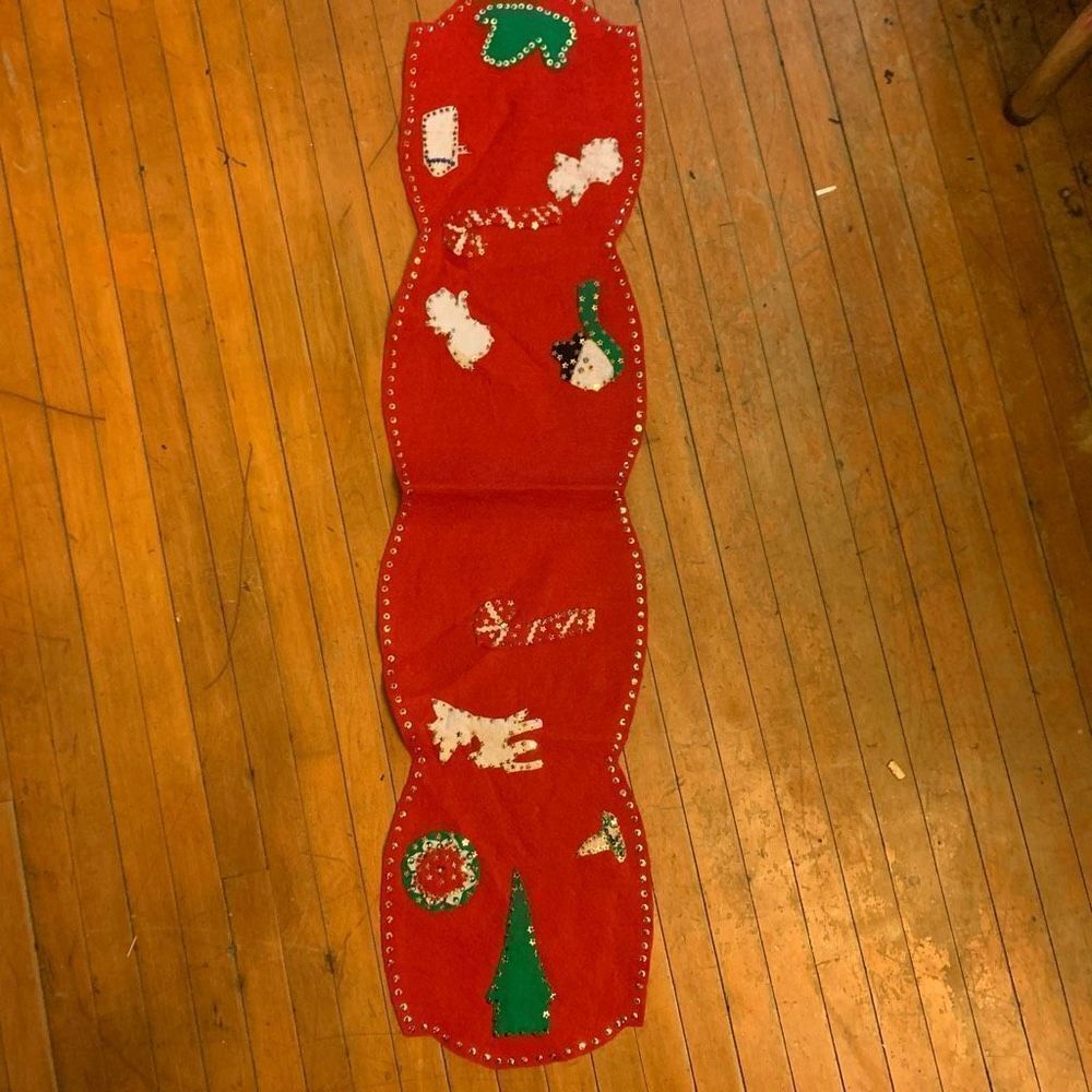 Vintage appliqué felt beaded Christmas table runner